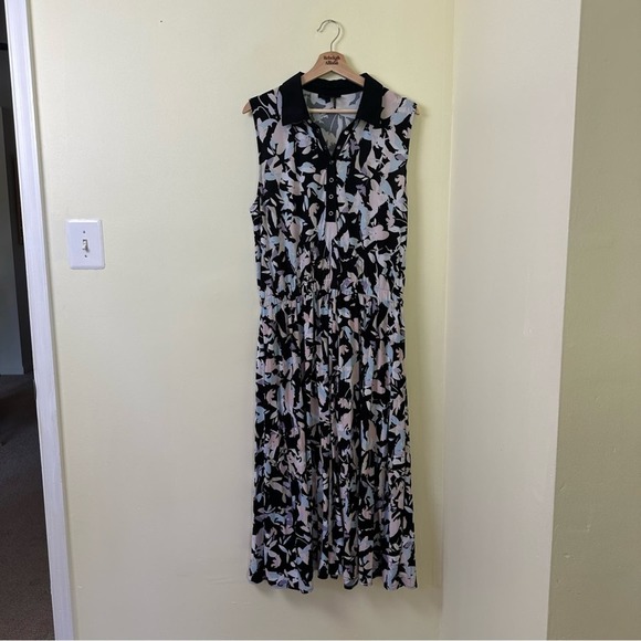DONNA KARAN SNAP BUTTON FLORAL SLEEVELESS MIDI DRESS IN BLACK/ PINK SIZE LARGE - Picture 5 of 10